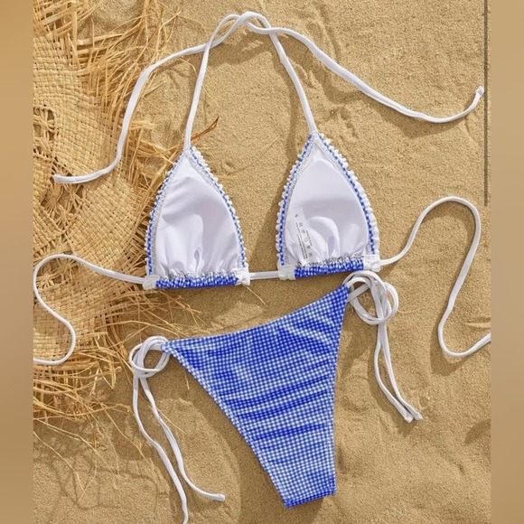 Blue White Gingham Ruffle Side Tie Bikini Set - Picture 3 of 8